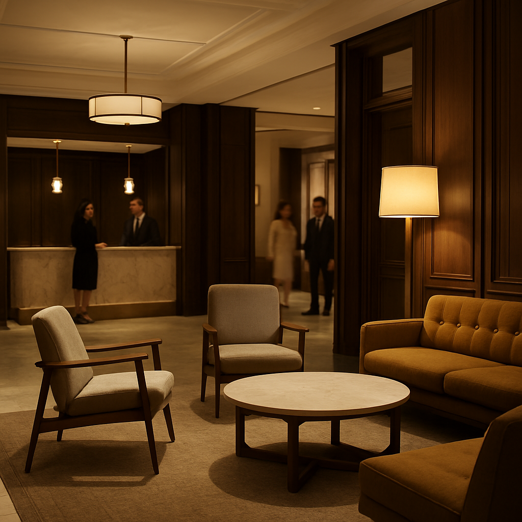 Sophisticated apartment-hotel lobby lounge with warm lighting